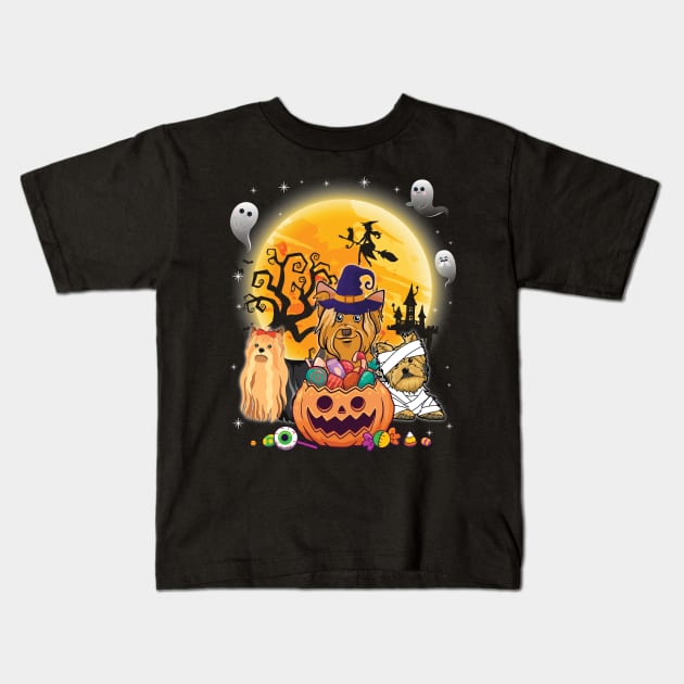 Yorkie Dog Mummy Witch Moon Ghosts Happy Halloween Thanksgiving Merry Christmas Day Kids T-Shirt by joandraelliot